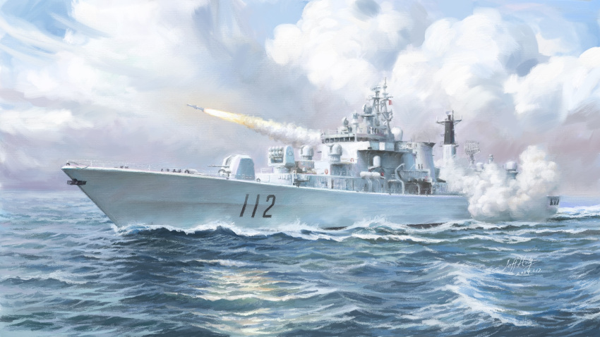 cloud dated destroyer firing harbin_(ddg-112) highres jeffholy military_vehicle missile no_humans ocean people's_liberation_army people's_liberation_army_navy radar_dish real_life rocket_launcher ship signature smoke turret type_052_destroyer warship watercraft waves weapon