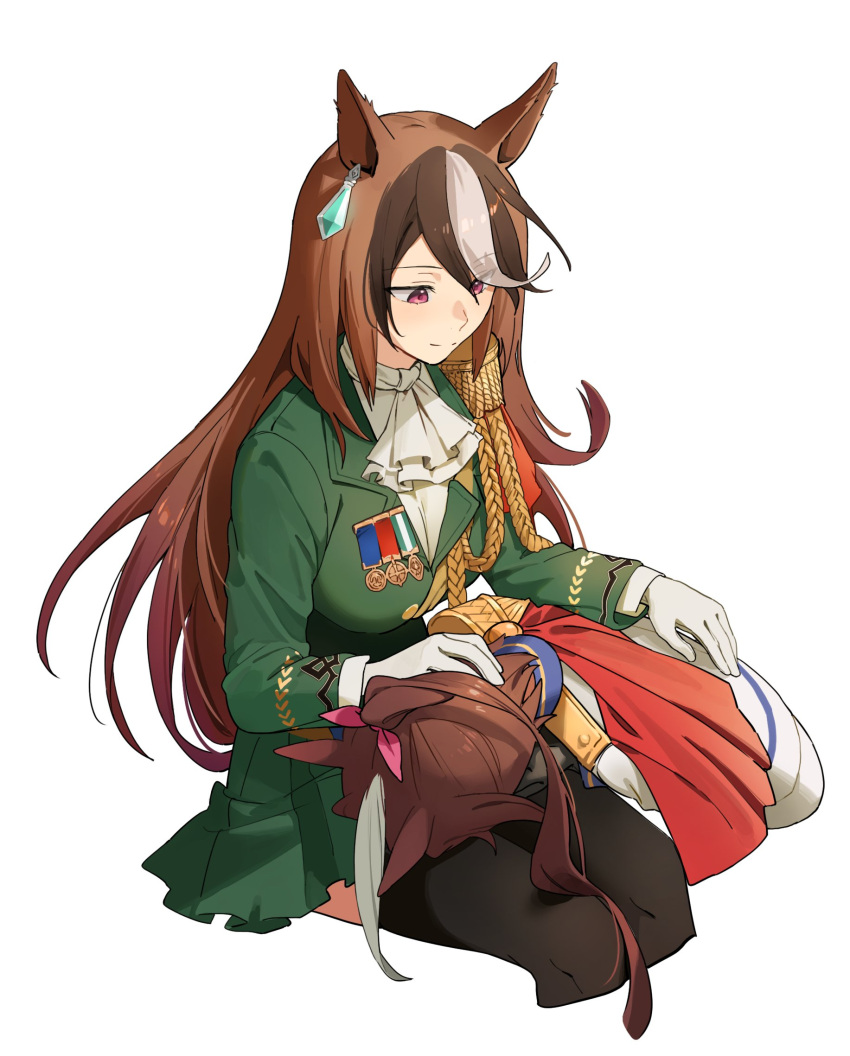 2girls aiguillette animal_ears ascot black_thighhighs bow breasts brown_hair buttons cape closed_mouth commentary_request double-breasted ear_ornament earrings epaulettes gloves green_jacket green_skirt hair_between_eyes highres horse_ears horse_girl jacket jewelry lap_pillow long_hair long_sleeves medal medium_breasts multicolored_hair multiple_girls pink_bow ponytail red_cape simple_background single_earring single_epaulette sitting skirt smile streaked_hair symboli_rudolf_(umamusume) thighhighs tokai_teio_(umamusume) umamusume vulpes white_ascot white_background white_gloves white_hair white_jacket