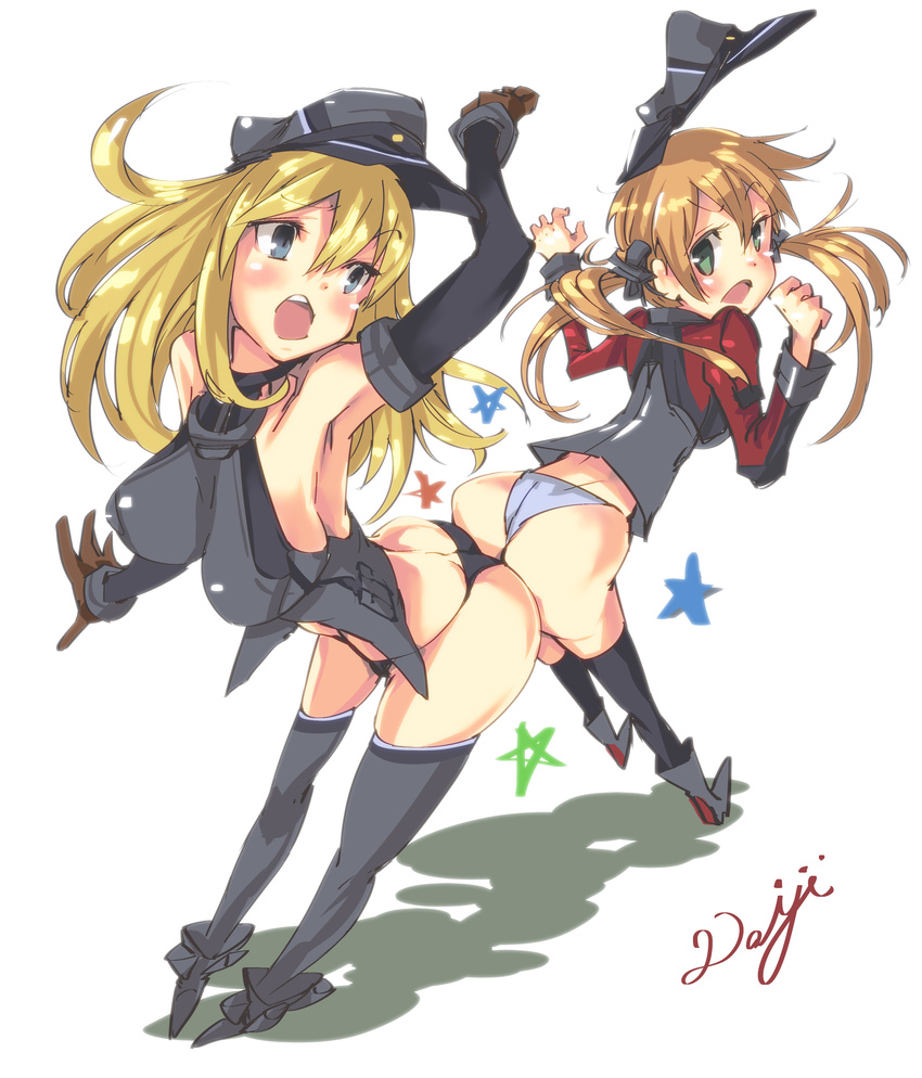 absurdres armpits artist_name ass ass-to-ass bad_id bad_pixiv_id bare_shoulders bismarck_(kantai_collection) black_legwear black_panties blonde_hair blue_eyes blush breasts brown_gloves butt_crack detached_sleeves gloves green_eyes grey_legwear hat highres hip_attack kantai_collection large_breasts long_hair long_sleeves looking_at_another looking_back military military_uniform multiple_girls no_pants panties peaked_cap prinz_eugen_(kantai_collection) satou_daiji shadow simple_background star thighhighs twintails underwear uniform white_background white_panties