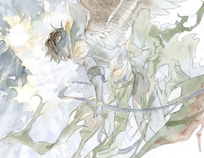 1boy armor bishounen brown_hair brown_wings cloud feathered_wings fingerless_gloves floating_cape floating_clothes flying from_behind gloves granblue_fantasy hair_between_eyes highres hood looking_up male_focus messy_hair painting_(medium) sandalphon_(granblue_fantasy) short_hair sky solo_focus sun t_of_game traditional_media watercolor_(medium) wings