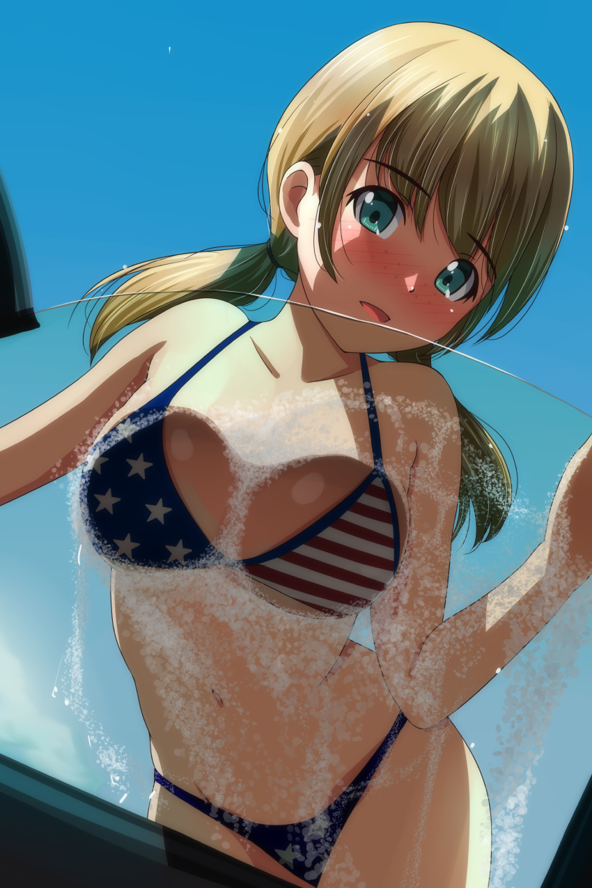 1girl absurdres against_glass american_flag american_flag_bikini american_flag_print bikini blonde_hair blue_bikini blue_eyes blue_sky blush breast_press breasts breasts_on_glass collarbone dated_commentary flag_print highres long_hair looking_at_viewer matsunaga_kouyou medium_breasts navel open_mouth original print_bikini sidelocks sky smile soap_bubbles solo swimsuit twintails washing_vehicle