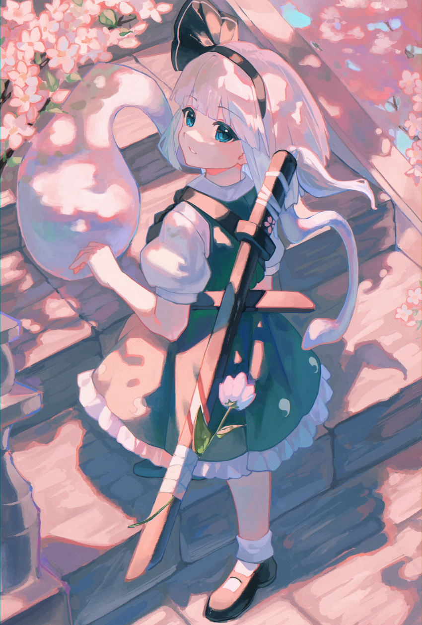 1girl absurdres black_footwear black_hairband black_ribbon blue_eyes cherry_blossoms cindy717 green_skirt green_vest grey_hair hair_ribbon hairband highres hitodama katana konpaku_youmu konpaku_youmu_(ghost) open_mouth pleated_skirt ribbon short_hair skirt socks solo stairs sword touhou vest weapon white_socks