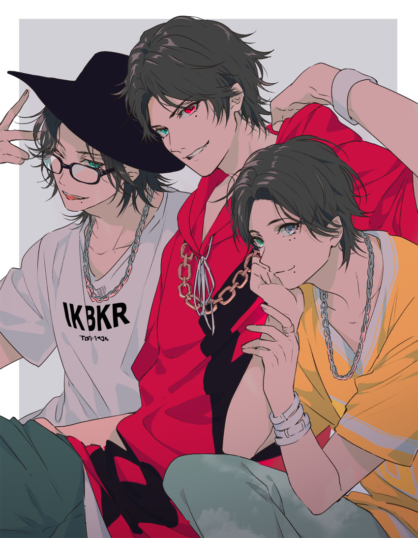 3boys black_hair blue_eyes border brothers chain_necklace full_body glasses green_eyes grey_background hair_between_eyes hat heterochromia highres hypnosis_mic jewelry looking_at_viewer male_focus minami_kazuki_(hanbee) mole mole_under_eye mole_under_mouth multiple_boys necklace one_eye_closed red_eyes ring shirt short_hair siblings sitting smile white_border white_shirt yamada_ichiro yamada_jiro yamada_saburo yellow_shirt