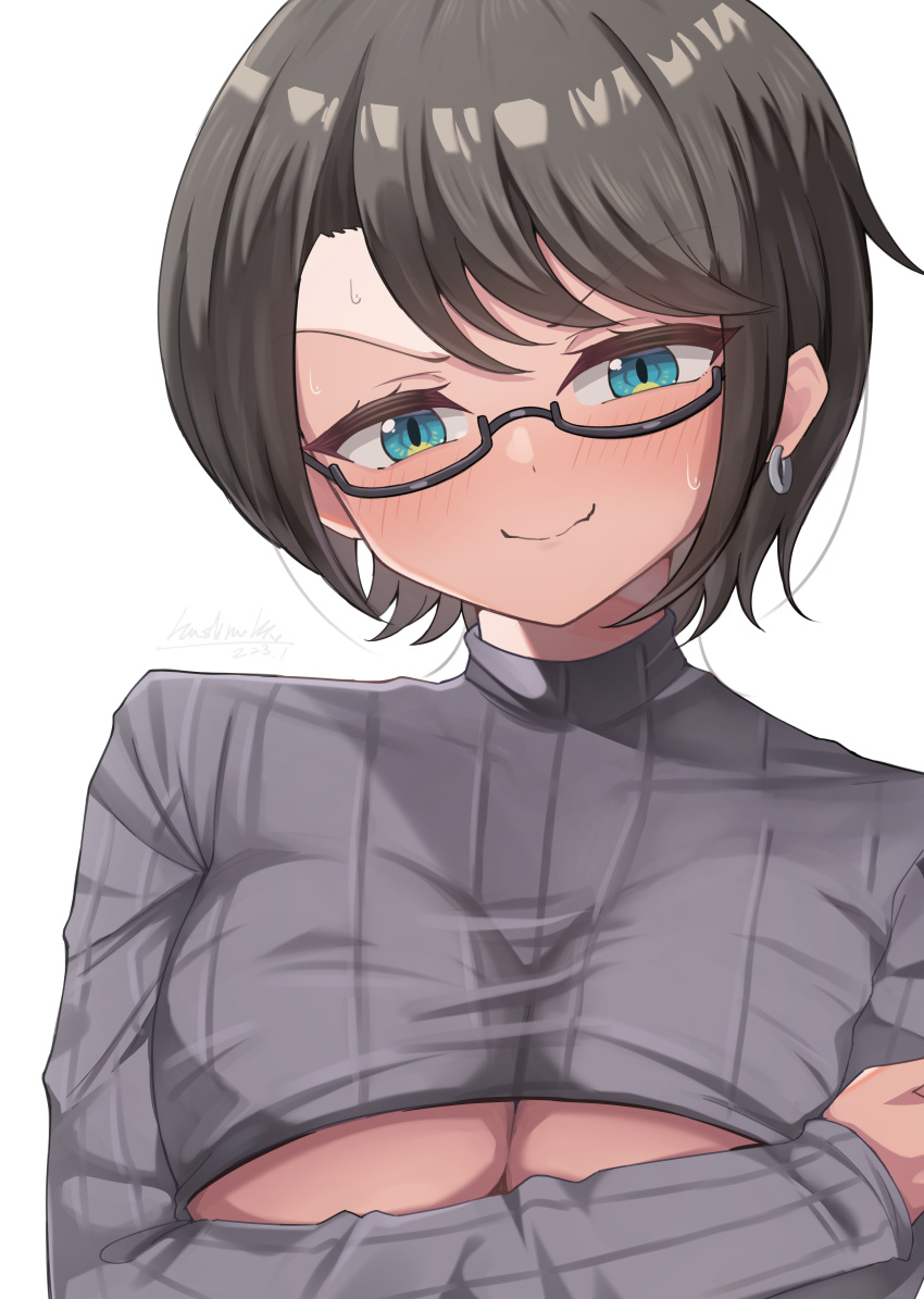 1girl absurdres black-framed_eyewear black_hair blue_eyes blush breasts commentary crop_top earrings embarrassed glasses hashira_14 highres hololive jewelry large_breasts long_sleeves looking_at_viewer nervous_smile oozora_subaru short_hair simple_background smile solo underboob upper_body v-shaped_eyebrows virtual_youtuber white_background