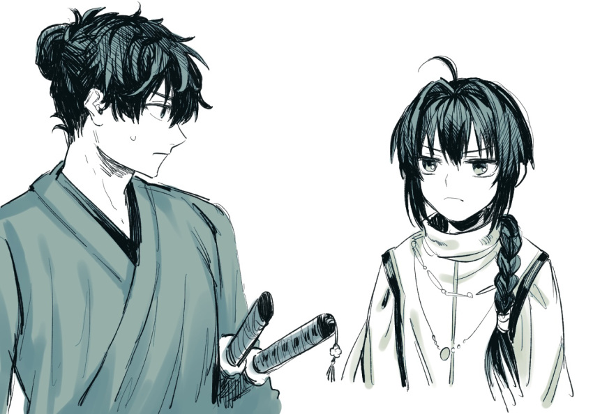 &gt;:( 1boy 1other ahoge androgynous black_hair braid braided_ponytail closed_mouth commentary_request fate/samurai_remnant fate_(series) frown hair_between_eyes hair_intakes hair_over_shoulder japanese_clothes jitome katana kimono long_hair looking_at_another low-tied_long_hair miyamoto_iori_(fate) monochrome profile shimazu. shirt short_hair simple_background sketch spiked_hair sweatdrop sword topknot upper_body v-shaped_eyebrows weapon white_background white_shirt yamato_takeru_(fate)