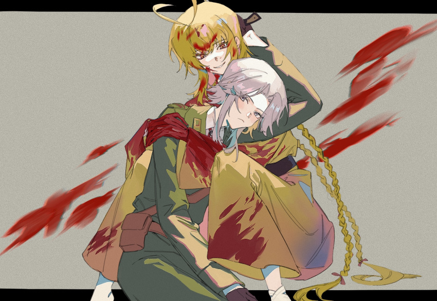2others adapted_costume androgynous antenna_hair belt black_belt black_gloves blonde_hair blood blood_in_hair blood_on_clothes blood_on_face blood_on_hands bow braid chinese_commentary closed_mouth collared_shirt commentary_request film_grain frown fujiwara_no_shirogane_no_sanra gloves green_jacket green_pants grey_eyes grey_hair hair_bow heart_antenna_hair highres hug jacket jishixingle1029 len'en long_hair long_sleeves multiple_others ooama_no_ake_no_mitori other_focus pants parted_bangs red_bow shirt short_hair_with_long_locks smile step-siblings twin_braids white_shirt wide_sleeves yellow_eyes yellow_pants yellow_shirt