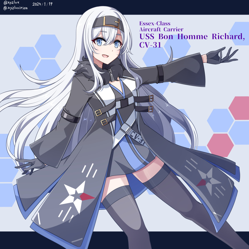 1girl :d absurdres azur_lane black_coat black_dress black_gloves black_hairband blue_eyes bon_homme_richard_(azur_lane) character_name coat commentary_request curly_hair dress fur-trimmed_coat fur_trim gloves hair_between_eyes hairband happy hebitsukai-san highres legs_apart long_hair long_sleeves open_clothes open_coat outstretched_arm smile solo standing thighhighs very_long_hair white_hair wide_sleeves