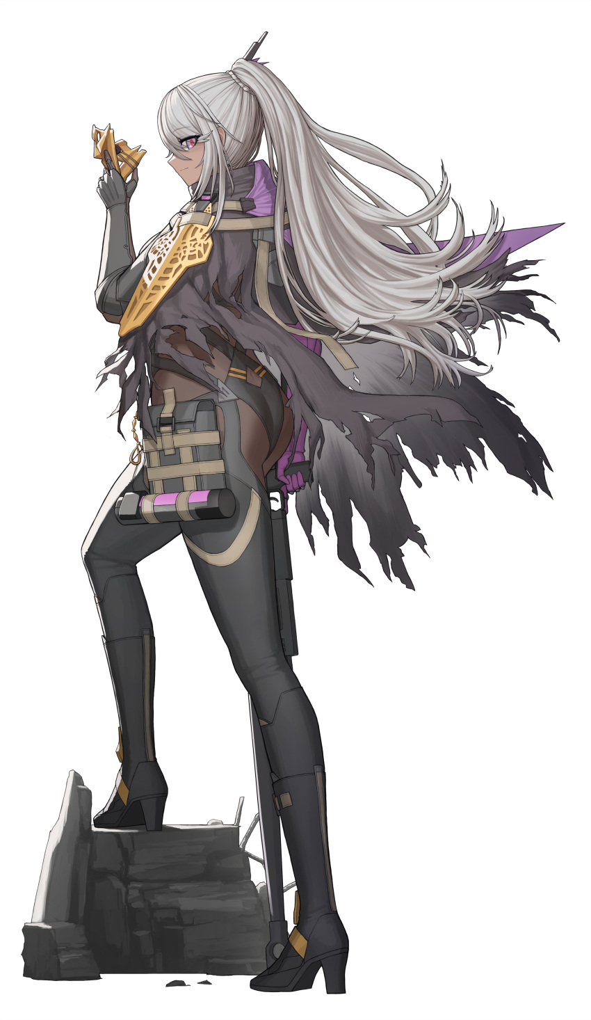 1girl absurdres ass black_cloak black_footwear black_leotard bodysuit boots cheogtanbyeong cloak dark-skinned_female dark_skin full_body girls'_frontline girls'_frontline_2:_exilium hand_up high_heel_boots high_heels highres holding holding_mask holding_weapon leotard long_hair looking_at_viewer mask nemesis_(girls'_frontline_2) om_50_nemesis ponytail pouch purple_eyes smile solo torn_clothes trigger_discipline weapon white_hair