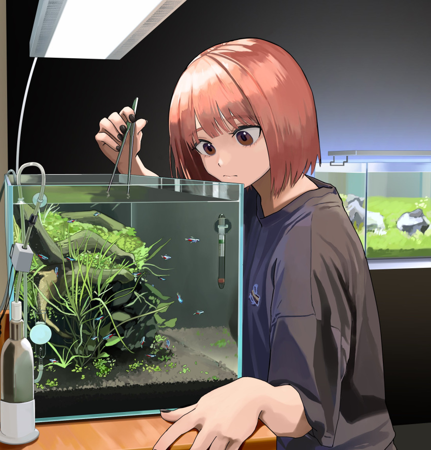 1girl aquarium black_nails brown_eyes fish fish_tank grey_shirt highres holding_table holding_tweezers lamp looking_down mmmo3 nail_polish neon_tetra original red_hair shirt solo t-shirt table thermometer tweezers water_filter