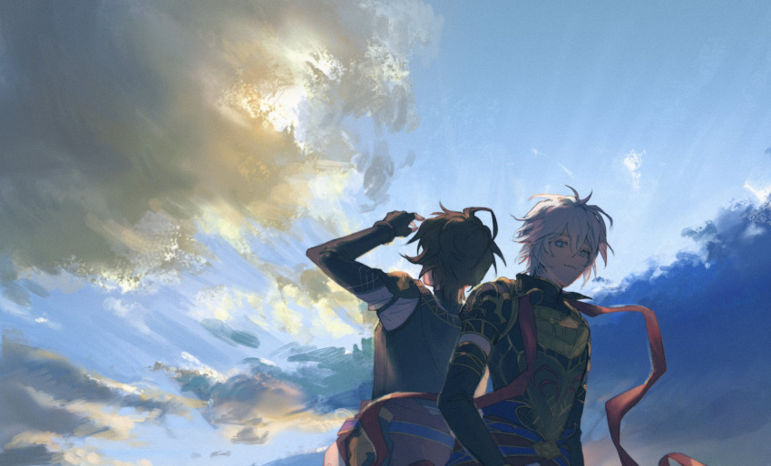 2boys :3 arm_up armor bishounen blue_clouds blue_sky breastplate brown_hair cloud cloudy_sky elbow_gloves fingerless_gloves from_behind gloves granblue_fantasy hair_between_eyes hand_up highres hood hood_down long_sleeves looking_at_another looking_up lucifer_(shingeki_no_bahamut) male_focus messy_hair multiple_boys red_scarf sandalphon_(granblue_fantasy) scarf short_hair short_sleeves sky smile t_of_game turtleneck twilight yellow_clouds