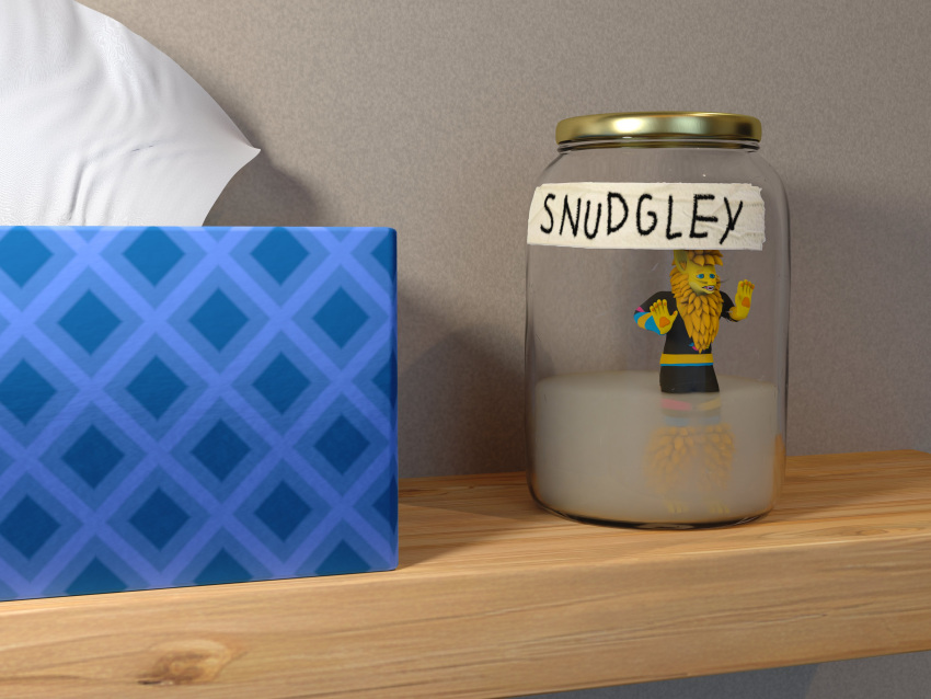 3d_(artwork) 4:3 absurd_res anthro bodily_fluids clothed clothing container cum cum_in_container cum_in_jar digital_media_(artwork) genital_fluids hi_res jar male meme micro pony_cum_jar_project sillynim snudgley solo text tissue_box trapped