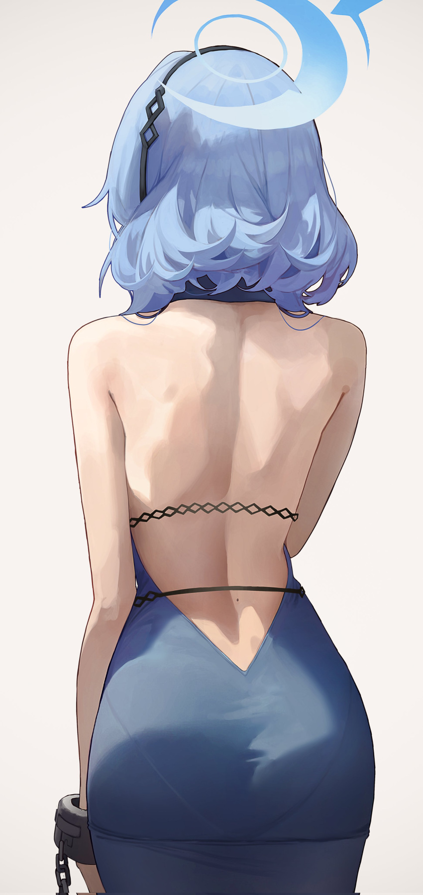 1girl absurdres ako_(blue_archive) ako_(dress)_(blue_archive) ass backless_dress backless_outfit bare_shoulders blue_archive blue_dress blue_hair blue_halo bubble99 commentary_request cowboy_shot dress from_behind halo highres medium_hair official_alternate_costume simple_background sleeveless sleeveless_dress solo white_background