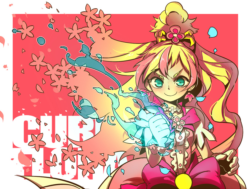 aqua_eyes blonde_hair blue_fire bow character_name choker cure_flora earrings eyebrows fire gloves go!_princess_precure haruno_haruka hc2002 highres jewelry long_hair magical_girl multicolored_hair pink_bow pink_hair pink_skirt precure puffy_short_sleeves puffy_sleeves short_sleeves skirt smile solo streaked_hair thick_eyebrows two-tone_hair