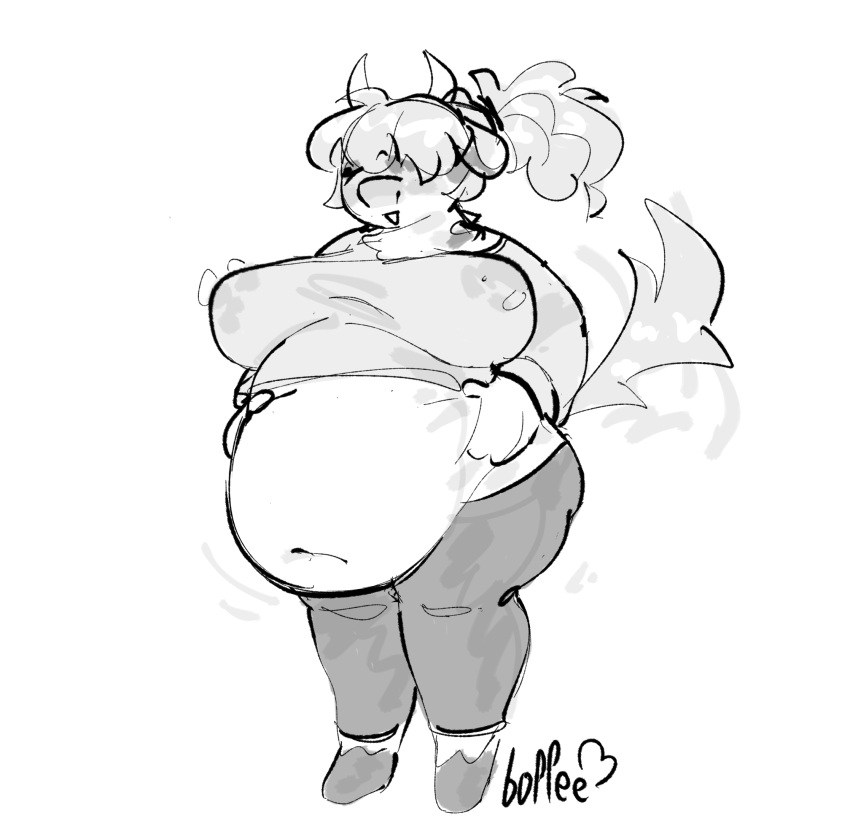 anthro belly belly_grab big_belly big_breasts bodily_fluids boppee bovid bovine breasts cattle clothing crop_top female gynomorph_(lore) hair hair_over_eyes hands_on_belly hi_res hooves horn lactating lactating_through_clothing leggings legwear mammal mature_female neck_tuft overweight overweight_anthro overweight_female ponytail rose_(boppee) shirt solo tail tail_tuft thick_thighs tight_clothing topwear tuft wet wet_clothing