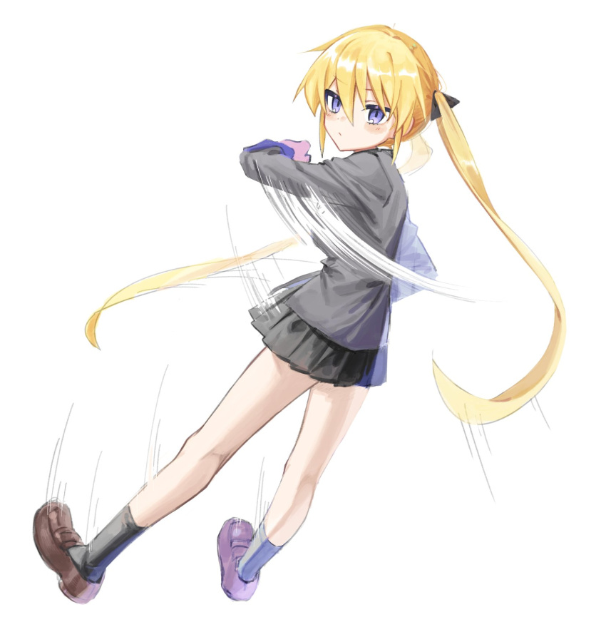 1girl black_skirt black_socks blonde_hair blue_eyes blush brown_footwear closed_mouth full_body grey_jacket highres jacket kill_me_baby loafers long_hair long_sleeves looking_at_viewer looking_to_the_side miniskirt shoes simple_background skirt socks solo sonya_(kill_me_baby) speed_lines tosankaku twintails very_long_hair white_background