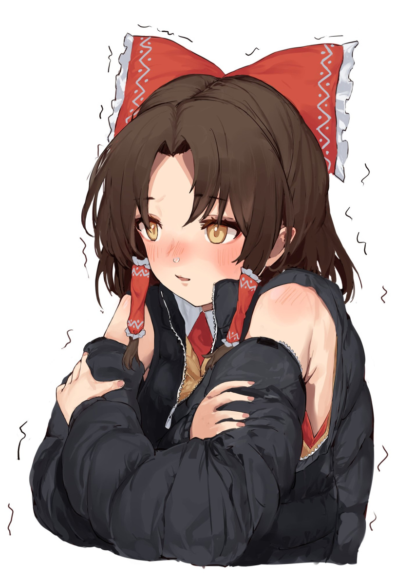 1girl armpit_peek black_jacket blush bow brown_hair cold crossed_arms detached_sleeves frilled_bow frills hair_bow hair_tubes hakurei_reimu highres jacket long_hair nose_blush parted_bangs pocche-ex red_bow runny_nose sleeveless sleeveless_jacket snot solo touhou trembling yellow_eyes