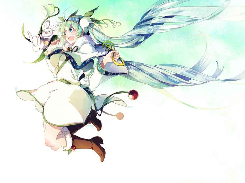 blue_eyes blue_hair boots brown_footwear bunny capelet dress flower flower_skirt fur_boots gradient_hair green_hair hair_flower hair_ornament hatsune_miku highres jumping knee_boots lily_(flower) long_hair long_sleeves md5_mismatch multicolored_hair open_mouth shuzi silver_hair smile snow_fairy_story_(vocaloid) twintails very_long_hair vocaloid white_dress wide_sleeves yuki_miku yukine_(vocaloid)