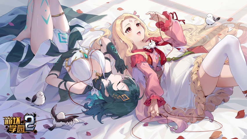 2girls ahoge barefoot benghuai_xueyuan bird black_hair blonde_hair breasts closed_eyes copyright_name dress green_hair highres honkai_(series) leg_tattoo logo long-tailed_tit long_hair long_sleeves medium_hair multicolored_hair multiple_girls official_art open_mouth parted_bangs petals red_eyes second-party_source sleeping smile tattoo thighhighs tiramisu_(6822816123) tit_(bird) totori_(benghuai_xueyuan) two-tone_hair very_long_hair wendy_(honkai_impact) white_dress white_thighhighs