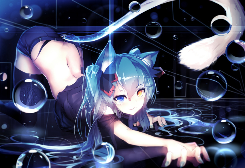 :3 animal_ears aqua_hair ass back bai_yemeng blue_eyes bubble cat_ears cat_tail floating hatsune_miku heterochromia highres kneeling long_hair looking_at_viewer on_floor revision ribbon slit_pupils solo tail thighhighs twintails vocaloid yellow_eyes zettai_ryouiki