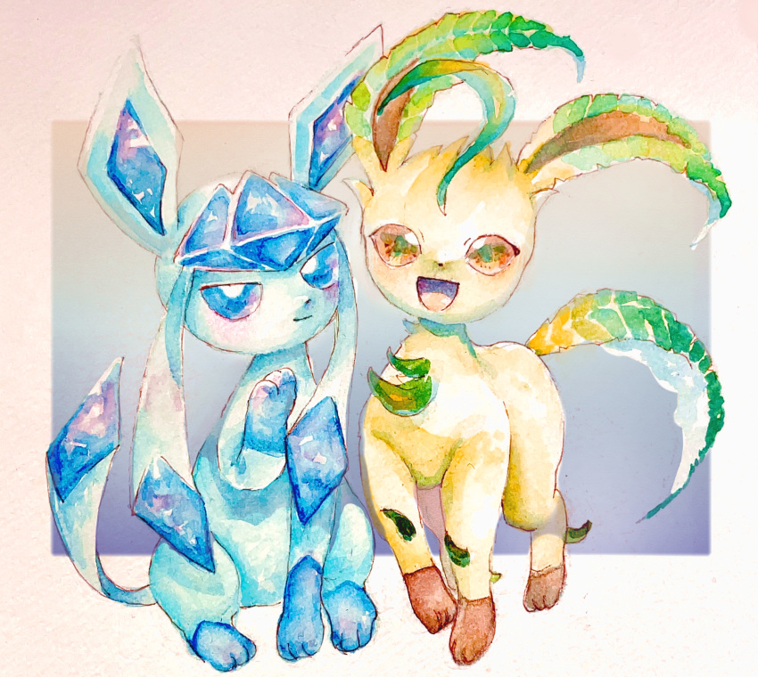 animal_focus blue_background blue_eyes blue_hair blush brown_sclera butter_(oshi8kyoumoh) closed_mouth colored_sclera colored_tips commentary_request full_body glaceon gradient_background green_eyes hand_up happy highres leaf leafeon long_hair looking_at_viewer multicolored_hair no_humans open_mouth outside_border painting_(medium) partial_commentary pokemon pokemon_(creature) sidelocks sitting smile standing traditional_media two-tone_hair watercolor_(medium) waving