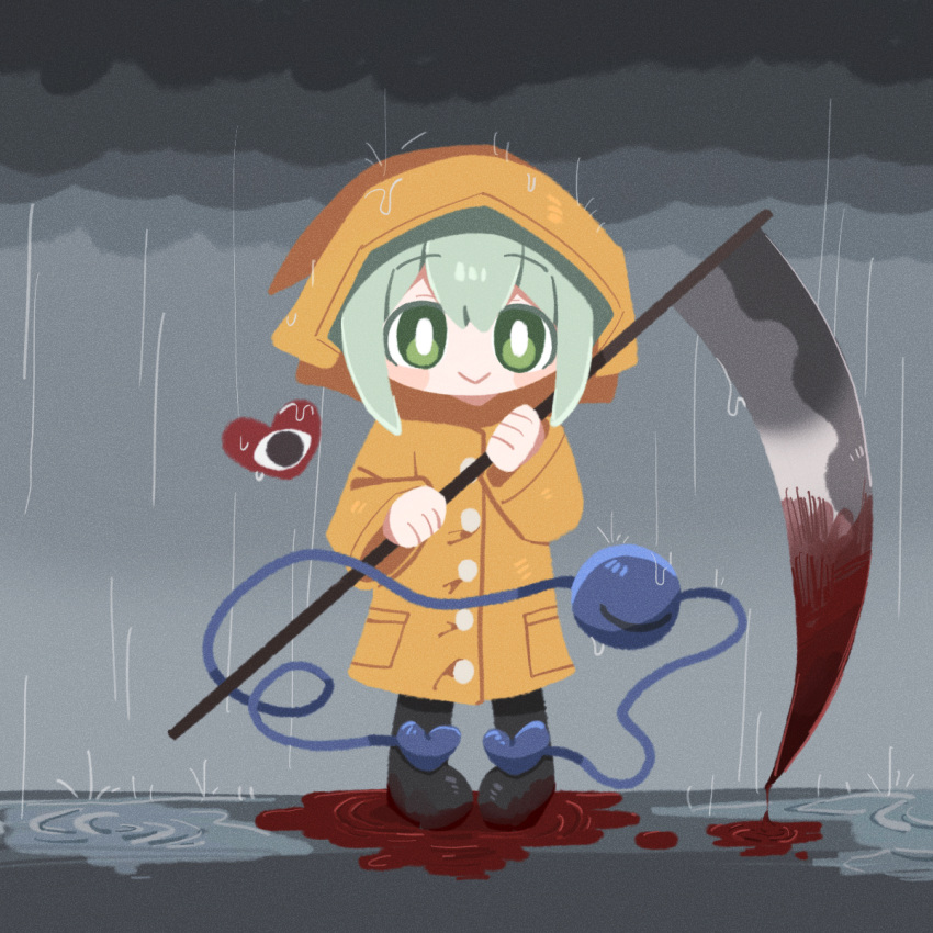 1girl :&gt; alternate_costume black_footwear blood blood_drip blood_drop blood_on_weapon blood_stain blush boots bright_pupils buttons closed_mouth cloud cloudy_sky coat dripping film_grain full_body green_eyes green_hair hair_between_eyes hands_up heart heart_button highres holding holding_scythe holding_weapon hood hood_up hooded_coat komeiji_koishi long_sleeves looking_at_viewer no_lineart outdoors pigeon-toed pocket pool_of_blood rain raincoat ripples scythe short_hair sky sleeves_past_wrists smile solo standing third_eye touhou trench_coat weapon white_pupils yellow_coat yellow_hood yellow_raincoat zunusama