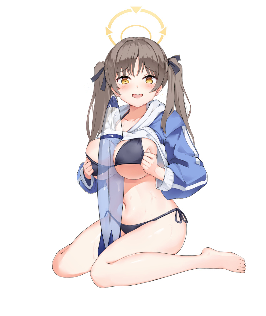 1girl absurdres bare_legs barefoot between_breasts bikini black_bikini blue_archive blue_coat blush breasts brown_eyes brown_hair coat commentary_request feet full_body hair_ribbon halo highres inflatable_toy koy_(4767269) large_breasts looking_at_viewer moe_(blue_archive) moe_(swimsuit)_(blue_archive) navel official_alternate_costume open_mouth ribbon side-tie_bikini_bottom sidelocks simple_background sitting smile solo stomach swimsuit toes twintails wariza white_background