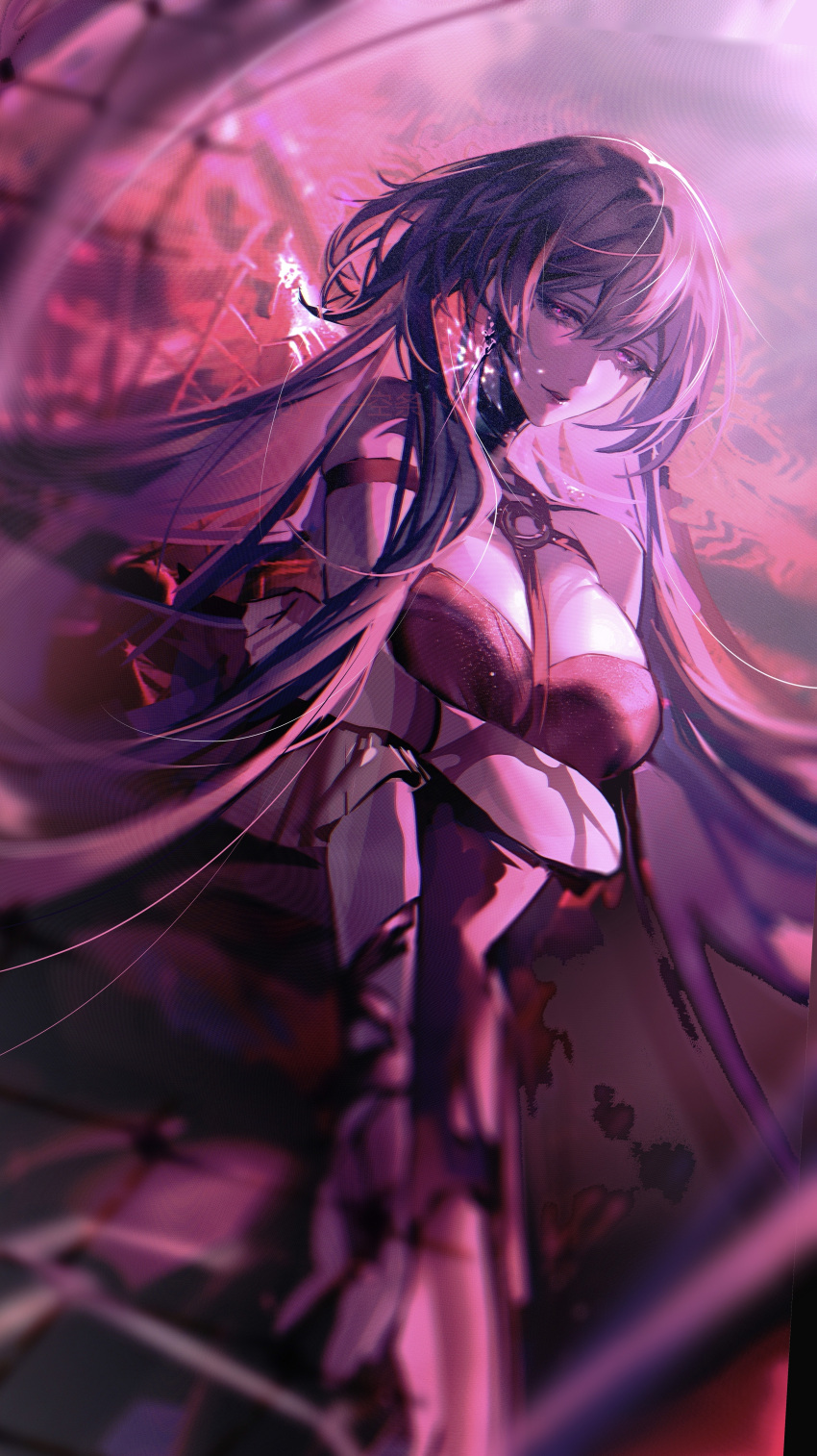1girl abstract_background absurdres arm_markings artist_name bare_shoulders body_markings breasts chinese_commentary commentary cowboy_shot dress dutch_angle hamel_(path_to_nowhere) hand_on_own_arm highres kong_tiao_bo_zi large_breasts lips long_hair looking_at_viewer parted_lips path_to_nowhere purple_eyes purple_hair red_dress skindentation solo strapless strapless_dress torn_clothes torn_dress very_long_hair watermark