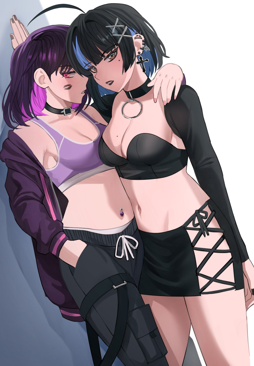 2girls ahoge arm_around_neck barbell_piercing belt_collar black_bra black_choker black_collar black_hair black_lips black_nails black_pants black_skirt black_sleeves blue_hair borrowed_character bra breasts brown_eyes cargo_pants choker cleavage collar colored_inner_hair cowboy_shot cross cross_earrings detached_sleeves ear_piercing earclip earrings english_commentary fingernails hair_ornament hand_in_pocket highres irene_(kanniiepan) jacket jewelry jourd4n light_blush lipstick lipstick_mark long_sleeves looking_at_viewer makeup medium_breasts midriff minori_yume_(jourd4n) mole mole_on_breast mole_under_eye multicolored_hair multiple_girls nail_polish navel navel_piercing o-ring off_shoulder open_clothes open_jacket original pants parted_lips piercing pink_eyes pink_hair pink_nails profile purple_hair purple_jacket purple_sports_bra short_hair skirt sports_bra standing strapless strapless_bra streaked_hair teeth two-tone_hair underwear x_hair_ornament