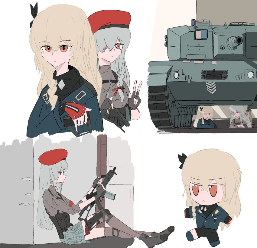 2girls beret blonde_hair blue_jacket braid caterpillar_tracks character_doll closed_mouth cropped_torso expressionless fingerless_gloves full_body fumo_(doll) g36c_(girls'_frontline) girls'_frontline gloves grey_hair gun hair_ornament hair_over_one_eye hat highres holding holding_gun holding_weapon jacket leopard_2 long_hair looking_at_viewer maplenecktele military military_vehicle motor_vehicle multiple_girls multiple_views red_eyes red_headwear sitting skirt sp9_(girls'_frontline) tank uniform weapon