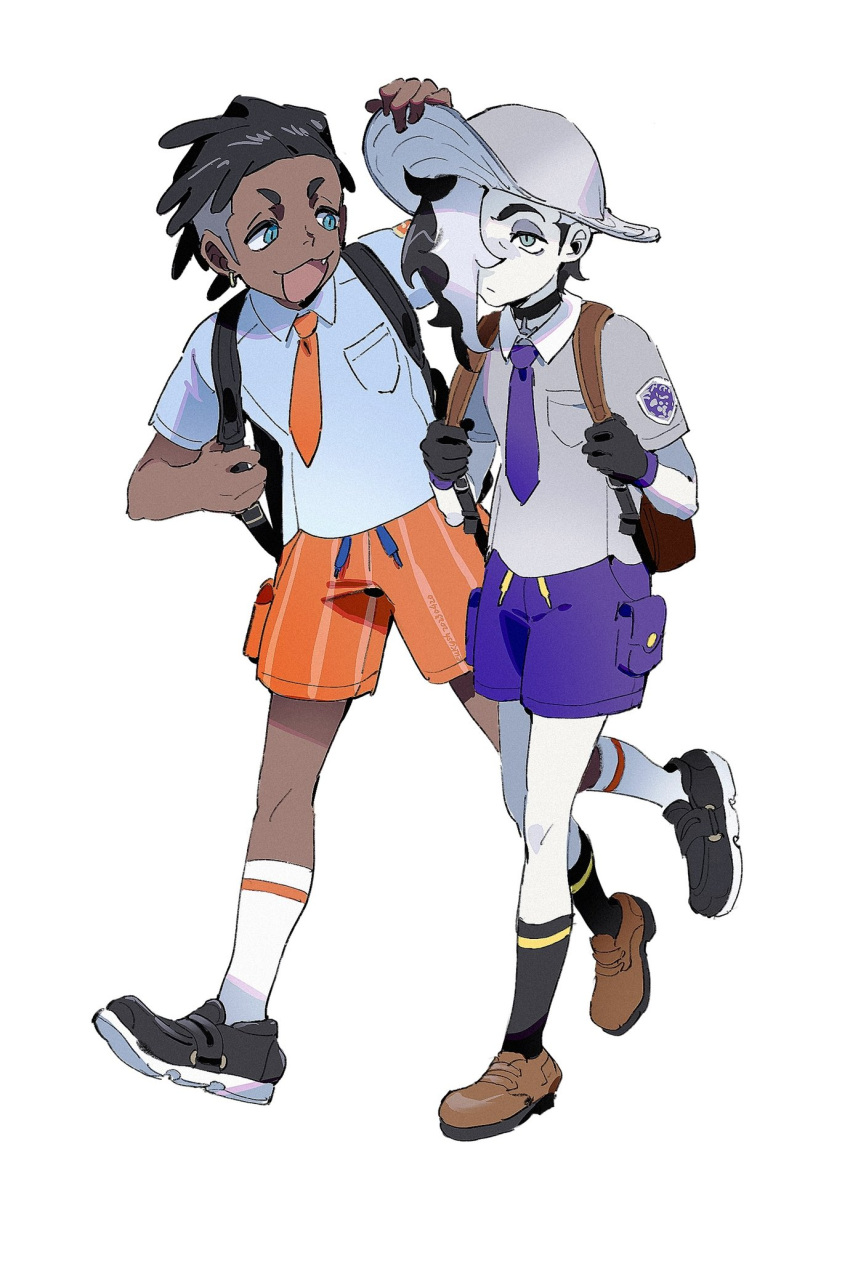 2boys :d aged_down black_footwear black_gloves black_hair black_socks brown_footwear collared_shirt commentary_request dark-skinned_male dark_skin fang gloves hat highres holding_strap male_focus molymes multicolored_hair multiple_boys necktie open_mouth orange_necktie orange_shorts piers_(pokemon) pokemon pokemon_swsh purple_shorts raihan_(pokemon) school_uniform shirt shoes short_hair short_sleeves shorts smile socks two-tone_hair undercut white_socks