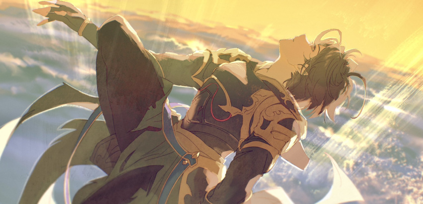 1boy ahoge armor bishounen breastplate brown_hair cloud cloudy_sky expressionless falling floating floating_hair granblue_fantasy hair_between_eyes highres hood hood_down leg_up light_particles looking_up male_focus messy_hair parted_lips reaching red_eyes sandalphon_(granblue_fantasy) short_hair sky solo_focus sunrise t_of_game