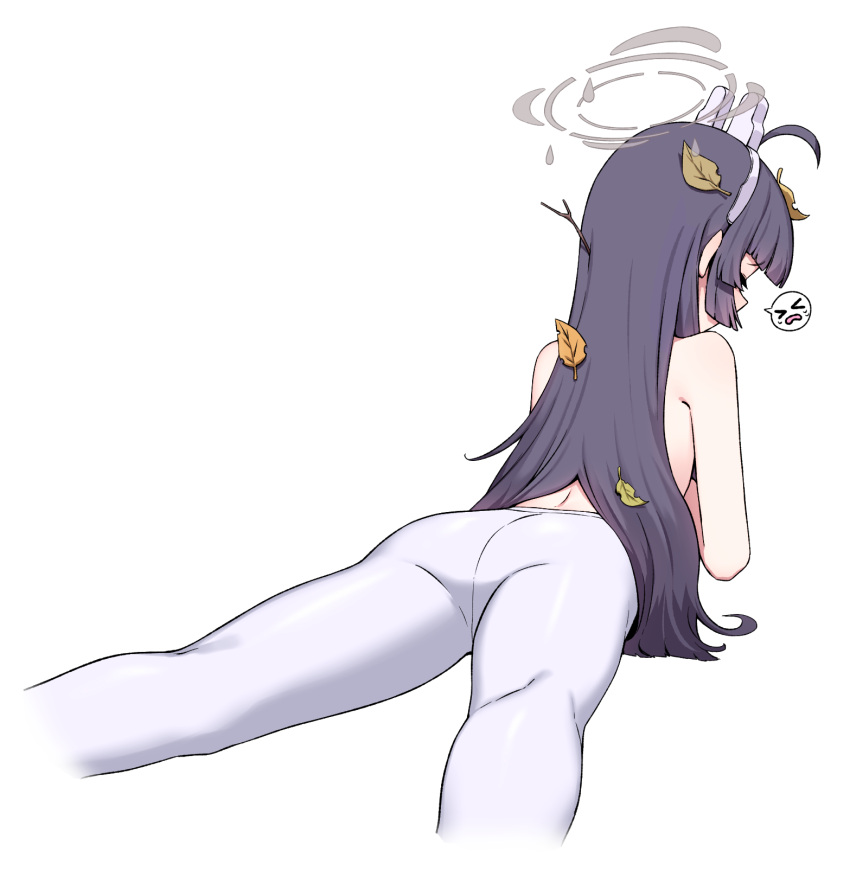 1girl ahoge artpatient ass black_hair blue_archive cropped_legs feet_out_of_frame grey_halo halo highres kneepits leaf leaf_on_head long_hair miyu_(blue_archive) pantyhose simple_background solo spoken_expression white_background white_pantyhose