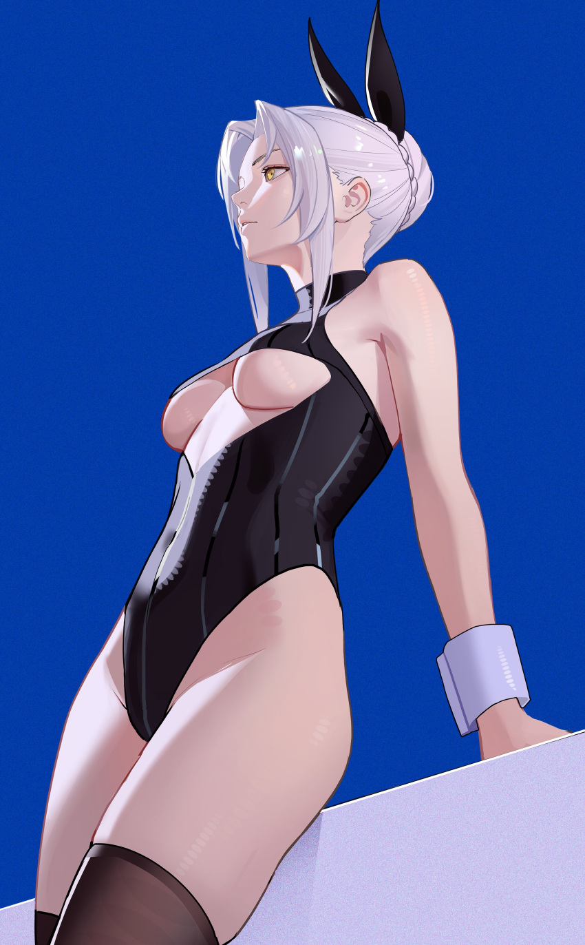 1girl absurdres black_leotard blue_background braid breast_cutout breasts commentary covered_navel cowboy_shot drid french_braid grey_hair groin highleg highleg_leotard highres leaning_back leotard long_hair looking_at_viewer original parted_lips short_hair simple_background sleeveless sleeveless_turtleneck sleeveless_turtleneck_leotard solo strapless strapless_leotard symbol-only_commentary taut_leotard thighhighs turtleneck turtleneck_leotard underboob wrist_cuffs yellow_eyes