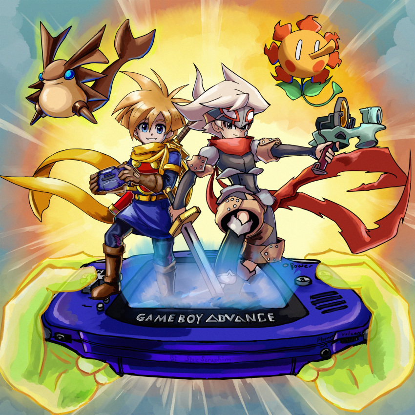 aura blonde_hair blue_eyes bokura_no_taiyou brown_eyes brown_gloves crossover django_(boktai) dual_wielding game_boy_advance genre_connection gloves glowing golden_sun gun handheld_game_console highres holding holding_gun holding_handheld_game_console holding_sword holding_weapon isaac_(golden_sun) konami looking_at_viewer nintendo red_scarf scarf short_hair smile stoic_seraphim sun sword trait_connection weapon white_hair yellow_scarf