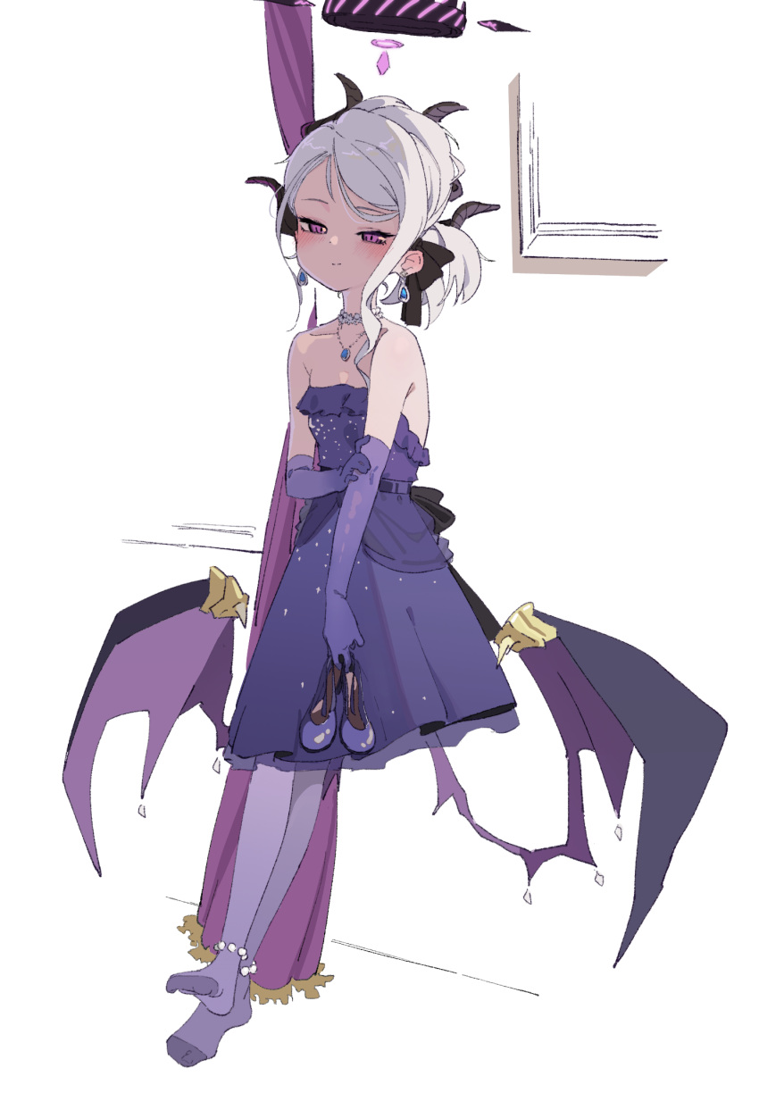 1girl black_horns blue_archive blush breasts closed_mouth demon_horns demon_wings dress elbow_gloves gloves grey_hair gz_(gzdteee) high_heels highres hina_(blue_archive) hina_(dress)_(blue_archive) holding holding_clothes holding_footwear horns long_hair official_alternate_costume pantyhose purple_dress purple_eyes purple_footwear purple_gloves purple_pantyhose small_breasts smile solo strapless strapless_dress wings