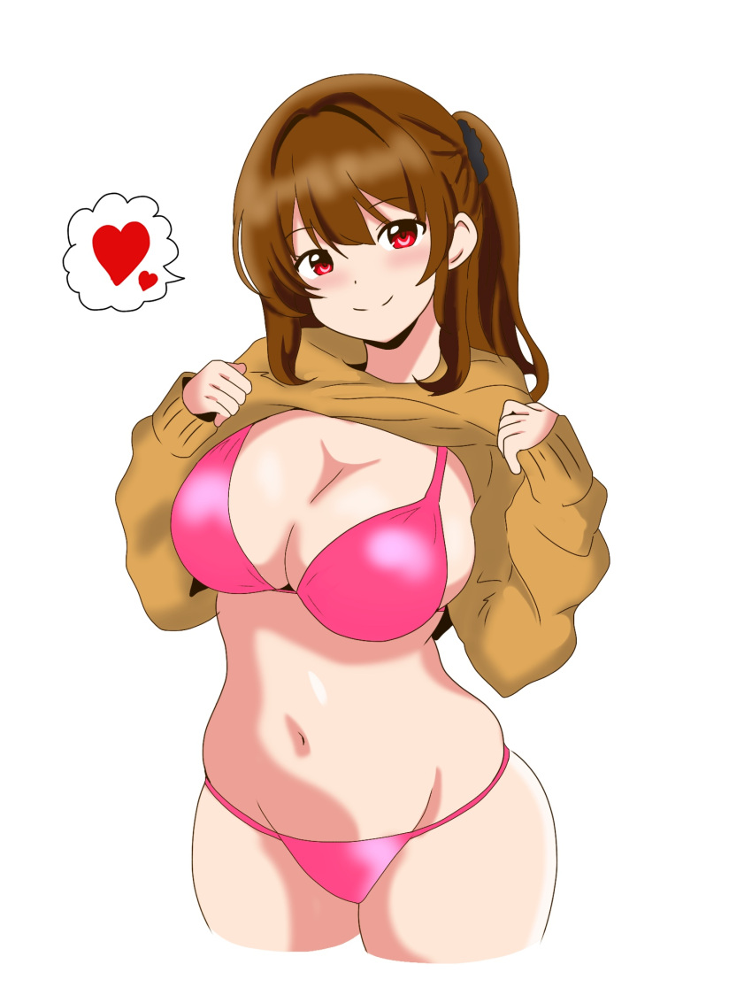 1girl bikini breasts brown_hair brown_sweater cleavage clothes_lift cropped_legs groin heart highres kinako_mochi_(pixiv100419090) large_breasts lifted_by_self long_hair navel one_side_up original pink_bikini red_eyes simple_background solo spoken_heart sweater sweater_lift swimsuit white_background