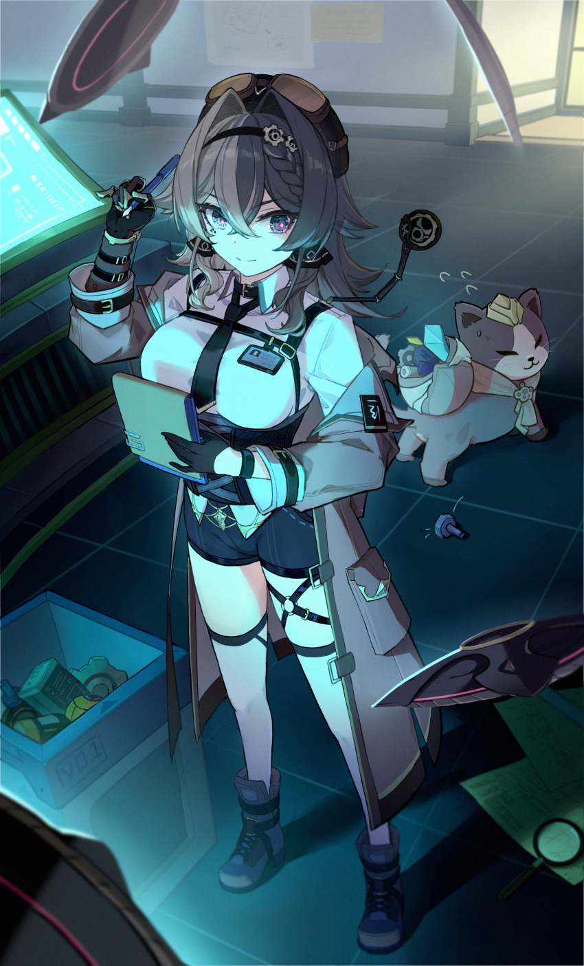 1girl :3 absurdres black_gloves black_hairband black_necktie black_shorts braid breasts brown_cat brown_coat brown_hair can_(honkai_impact) cat clipboard coat collared_shirt commentary_request crossed_bangs flying_sweatdrops gears gloves goggles goggles_on_head grey_eyes hair_between_eyes hair_intakes hairband hand_up highres hisuinagare holding holding_clipboard holding_pen honkai_(series) honkai_impact_3rd id_card large_breasts long_hair necktie off_shoulder open_clothes open_coat pen purple_pupils shirt shorts smile standing thigh_strap thighhighs trench_coat vill-v white_shirt white_thighhighs
