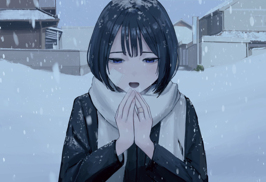 1girl bandaid bandaid_on_face bandaid_on_hand black_hair black_jacket blue_eyes blush breath building day half-closed_eyes hands_up highres house jacket long_sleeves looking_down open_mouth original outdoors sakiika0513 scarf short_hair sky snow snowing solo upper_body white_scarf