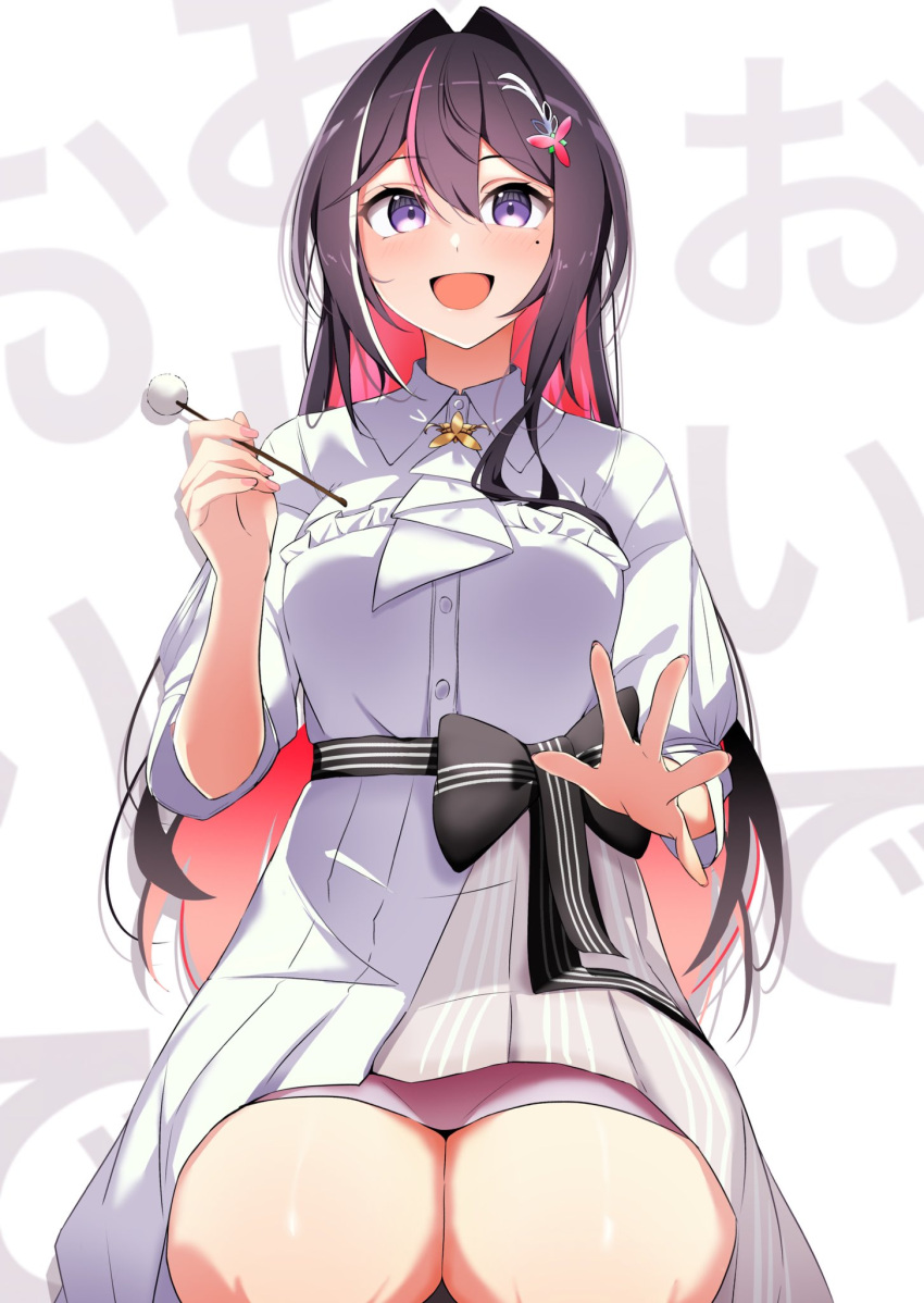 1girl :d ascot azki_(4th_costume)_(hololive) azki_(hololive) black_sash blush bow breasts brown_hair collared_dress colored_inner_hair commentary_request double-parted_bangs dress grey_dress hair_between_eyes hair_intakes hair_ornament hairclip high-low_skirt highres hololive lap_pillow_invitation long_hair looking_at_viewer medium_breasts mimikaki mole mole_under_eye multicolored_hair official_alternate_costume official_alternate_hair_length official_alternate_hairstyle open_mouth pink_hair purple_eyes sash seiza sitting skirt skirt_under_dress sleeves_past_elbows smile solo striped_clothes striped_dress two-tone_dress vertical-striped_clothes vertical-striped_dress very_long_hair virtual_youtuber waist_bow white_ascot white_background white_dress white_skirt yamaki_(yamaki801)