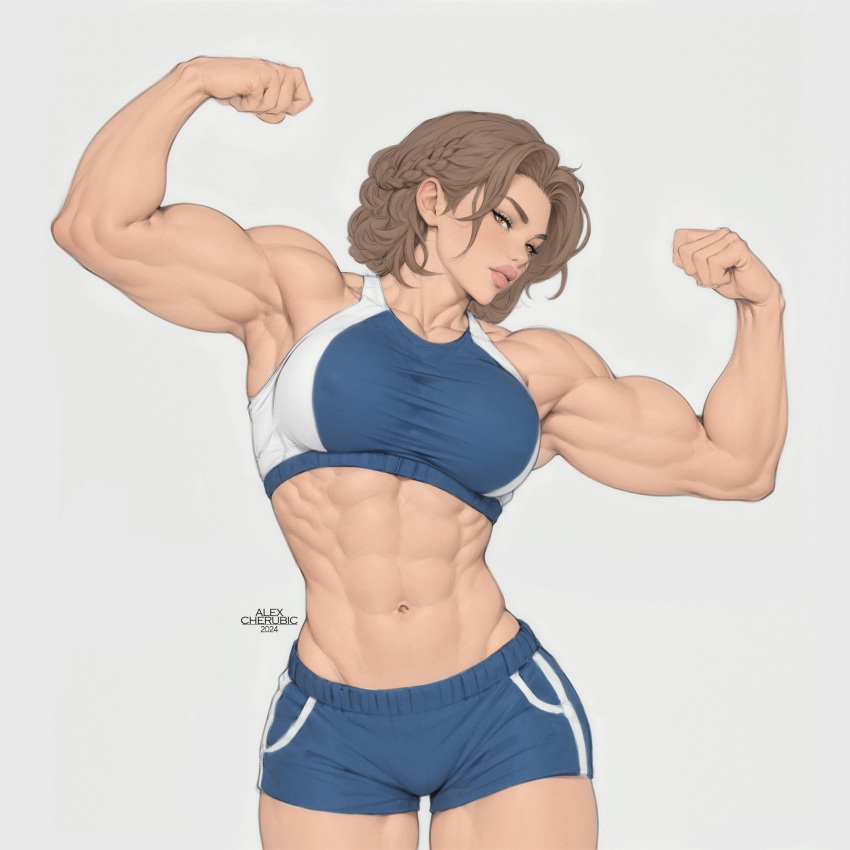 1girl abs absurdres biceps breasts brown_hair cherubic_alex cleavage dated double_biceps_pose flexing highres large_breasts looking_at_viewer muscular muscular_female navel obliques original short_hair signature simple_background smile solo sports_bra thighs toned