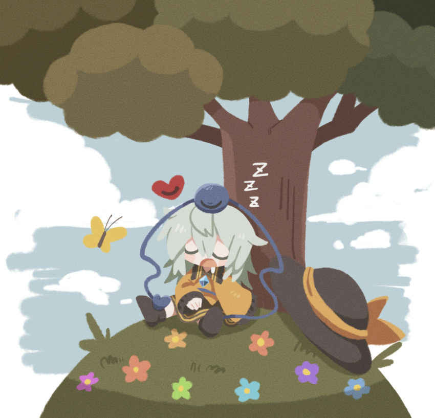 1girl against_tree aqua_hair black_footwear black_headwear blouse boots bow bug butterfly buttons chibi closed_eyes cloud diamond_button drooling eyeball flower frilled_shirt_collar frilled_sleeves frills hand_on_lap hat hat_bow hat_ribbon heart hill komeiji_koishi long_sleeves medium_hair no_lineart on_ground open_mouth ribbon shirt sitting sky sleeping solo third_eye touhou tree under_tree unworn_hat unworn_headwear wavy_hair wide_sleeves yellow_bow yellow_ribbon yellow_shirt zunusama zzz