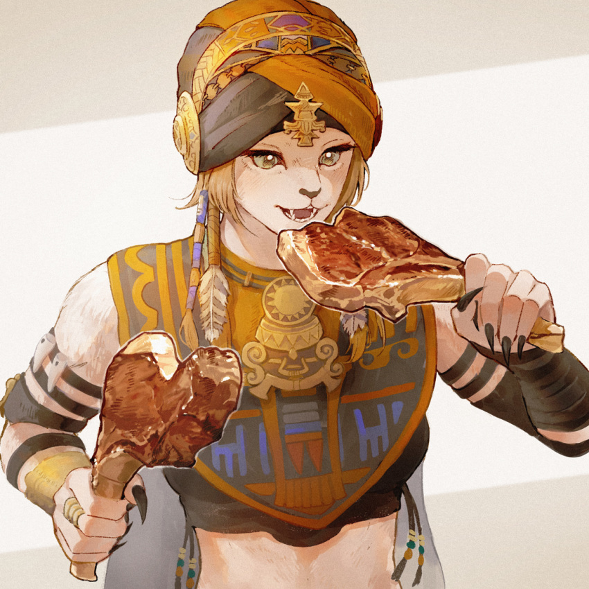 1girl arm_wrap armlet beret black_nails black_shirt blonde_hair body_fur bracelet brown_background brown_fur cat_girl crop_top eating fangs feather_hair_ornament feathers final_fantasy final_fantasy_xiv fingernails food furry furry_female green_eyes hair_ornament hair_tubes hat holding holding_food hrothgar jewelry long_fingernails looking_at_food meat mugi_kosuta open_mouth orange_headwear ring sharp_fingernails shirt short_hair simple_background smile solo steak two-tone_background upper_body wuk_lamat