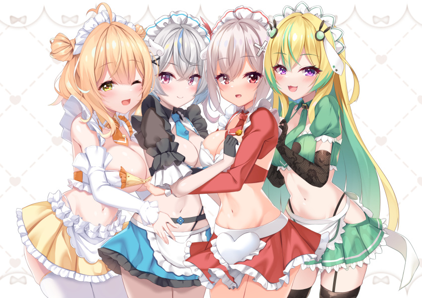 4girls :d ;d anto_mel apron aria_(koiiroharemoyou) black_gloves black_thighhighs blonde_hair blue_skirt breasts character_request cleavage detached_sleeves elbow_gloves frilled_apron frilled_skirt frills garter_straps gloves green_hair green_necktie green_skirt grey_hair hair_ornament half_gloves heart heart_background highres kimitsu_tenka large_breasts long_hair long_sleeves maid_dolce medium_breasts multicolored_hair multiple_girls navel necktie one_eye_closed pleated_skirt puffy_short_sleeves puffy_sleeves purple_eyes red_eyes red_skirt short_sleeves shrug_(clothing) sidelocks skirt sleeves_past_wrists smile streaked_hair thighhighs two-tone_hair very_long_hair virtual_youtuber waist_apron white_apron white_background white_sleeves white_thighhighs x_hair_ornament yellow_eyes yellow_skirt