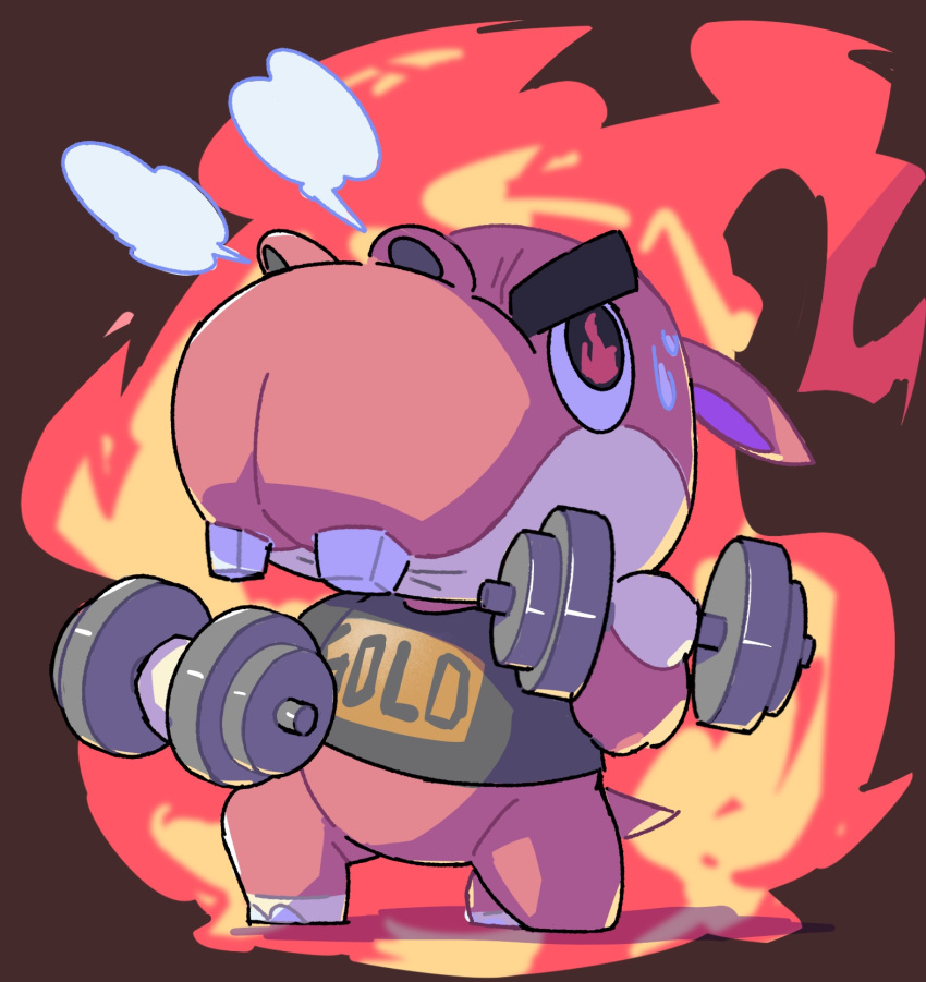 1boy animal_crossing biff_(animal_crossing) black_eyes black_shirt brown_background buck_teeth clothes_writing commentary_request dumbbell exercise fire flaming_eyes furry furry_male highres holding_dumbbell kopa_nishikida male_focus on_one_knee shirt short_sleeves simple_background solo steam_from_nose sweat t-shirt teeth thick_eyebrows v-shaped_eyebrows weightlifting