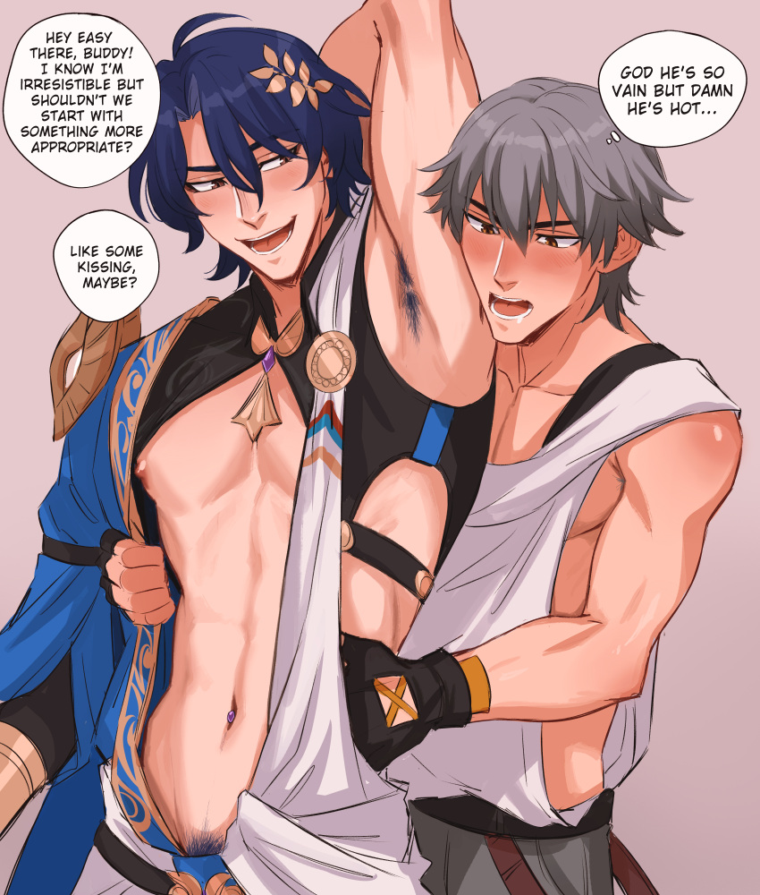 2boys abs absurdres ahoge annoyed armpit_hair armpits asymmetrical_sleeves black_gloves blue_hair blue_pubic_hair blush braid caelus_(honkai:_star_rail) chalseu dr._ratio_(honkai:_star_rail) english_text fingerless_gloves gloves grey_hair highres honkai:_star_rail honkai_(series) looking_at_another male_focus multiple_boys muscular muscular_male narcissism navel nipples open_mouth pubic_hair shirt short_hair simple_background speech_bubble trailblazer_(honkai:_star_rail) white_shirt yaoi yellow_eyes