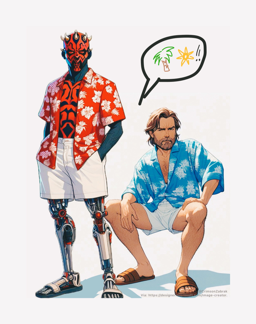 2boys absurdres ai-generated alien beard blue_shirt crimsonzabrak darth_maul facial_hair hands_in_pockets hawaiian_shirt highres horns invisible_chair multiple_boys obi-wan_kenobi prosthesis prosthetic_leg red_shirt shadow shirt shorts simple_background sitting star_wars sun white_shorts zabrak