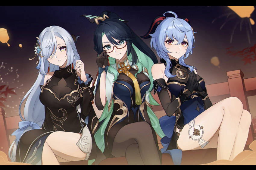 3girls aqua_eyes bare_shoulders bell black_dress black_hair breasts cloud_retainer_(genshin_impact) colored_inner_hair cowbell detached_sleeves dress earrings ganyu_(genshin_impact) ganyu_(twilight_blossom)_(genshin_impact) genshin_impact glasses gloves goat_horns green_hair hair_ornament highres horns jewelry large_breasts long_hair long_sleeves looking_at_viewer multicolored_hair multiple_girls neck_bell official_alternate_costume official_alternate_hairstyle red-framed_eyewear semi-rimless_eyewear shenhe_(frostflower_dew)_(genshin_impact) shin_(mac_no) sleeveless sleeveless_dress smile tassel tassel_earrings two-tone_hair very_long_hair xianyun_(genshin_impact)