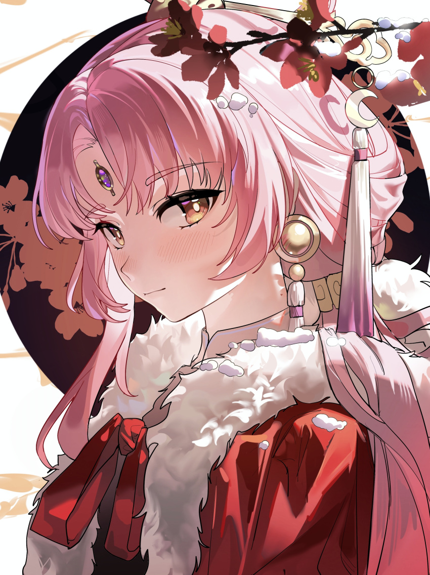 1girl absurdres blush bow chinese_commentary eamut1 flower forehead_jewel from_side fu_xuan_(honkai:_star_rail) fur-trimmed_jacket fur_trim hair_ornament highres honkai:_star_rail honkai_(series) jacket long_hair looking_at_viewer mole mole_on_neck nose_blush pink_hair portrait red_bow snow snow_on_body snow_on_head solo tassel tassel_hair_ornament yellow_eyes