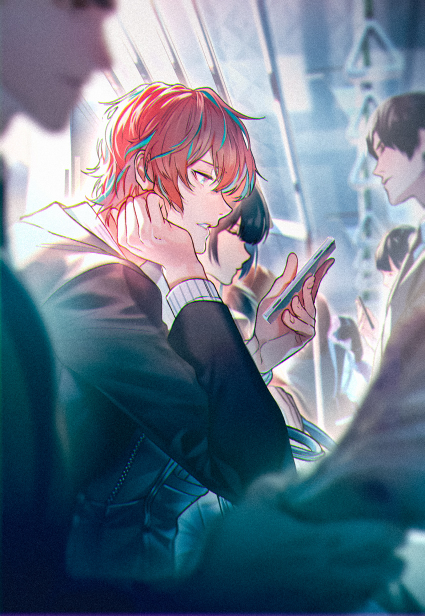 1girl 3boys bag_on_lap black_hair black_suit blue_hair blurry commentary_request depth_of_field from_side half-closed_eyes highres holding holding_phone hypnosis_mic kannonzaka_doppo male_focus minami_kazuki_(hanbee) multicolored_hair multiple_boys parted_lips phone profile red_hair short_hair sidelighting sitting solo_focus streaked_hair suit train_interior two-tone_hair upper_body