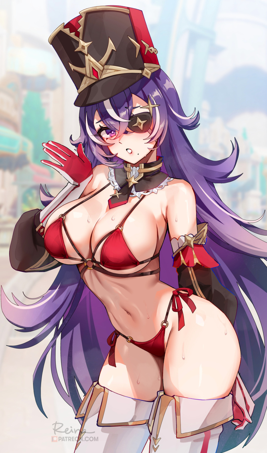 1girl alternate_breast_size bare_shoulders bikini black_necktie blush boots breasts chevreuse_(genshin_impact) cleavage detached_collar detached_sleeves eyepatch foxyreine genshin_impact gloves hat highres large_breasts long_hair looking_at_viewer mole mole_under_mouth multicolored_hair navel necktie o-ring open_mouth puffy_detached_sleeves puffy_sleeves purple_eyes purple_hair red_bikini red_headwear shako_cap solo streaked_hair swimsuit thigh_boots two-tone_hair very_long_hair white_footwear white_gloves white_hair